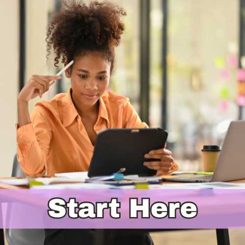 Smiling woman sitting at desk with tablet, representing getting started with affiliate marketing for beginners