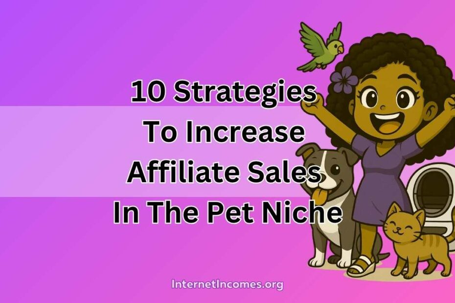 10_Strategies_To_Increase_Affiliate_Sales_In_The_Pet_Niche Illustration showing pet affiliate marketing strategies like SEO, video content, and AI tools