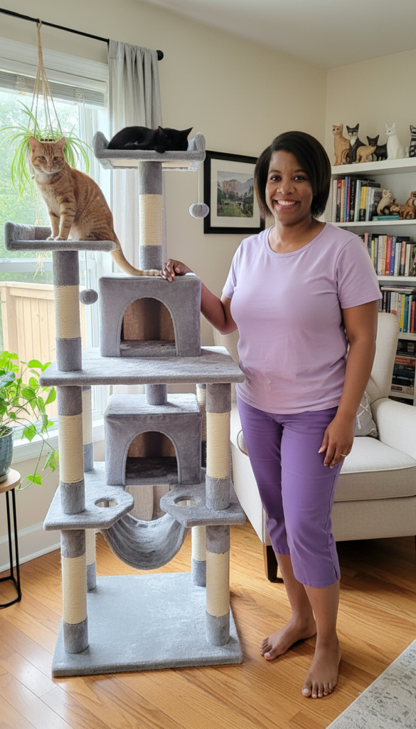 Tall black woman standing next to a cat tree in her living room